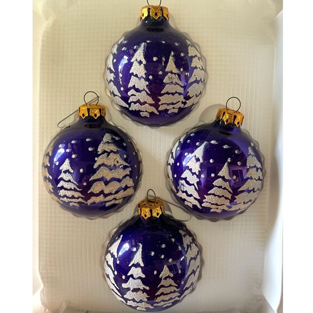 Vintage Victoria Collection Set of 4 Blue Glass Christmas Ornaments Boxed